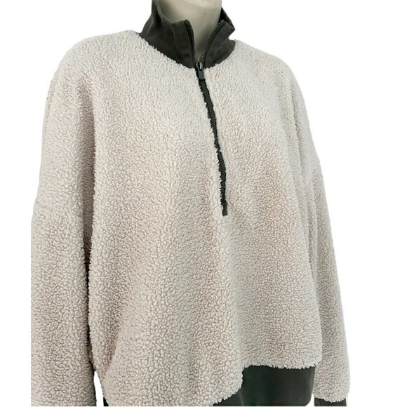 Fabletics Women's Sz M Katarina Cream & Green Half Zip Pullover Teddy Jacket - Picture 3 of 7